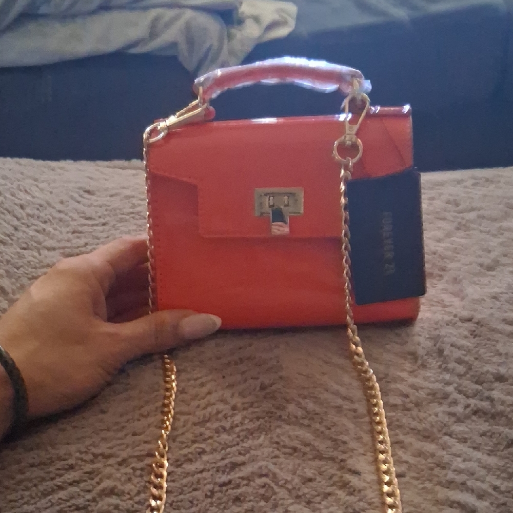 Forever 21 Vibrant Orange Mini Bag with Gold Chain